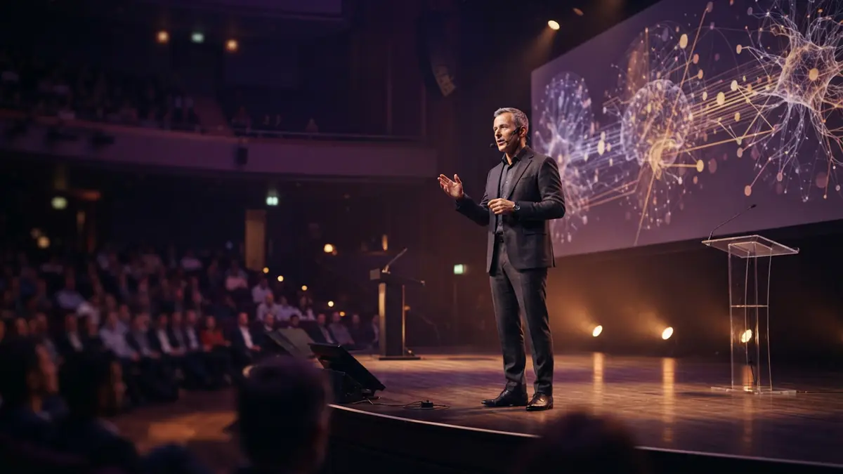 Illustration of a tech presenter on stage demonstrating software architecture to an audience