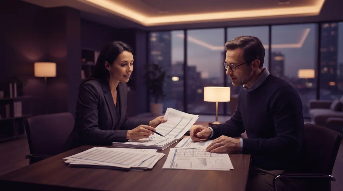 Two business professionals comparing divergent financial accounting sheets in an office