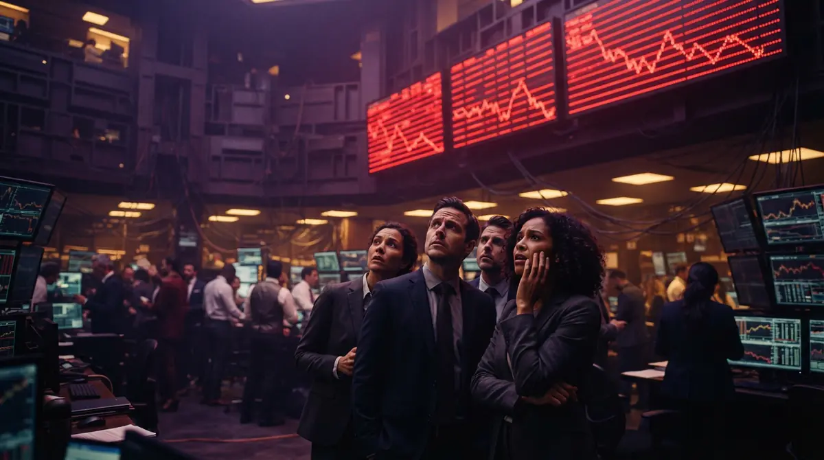 Stock traders watching falling equity ticker symbols on an exchange display