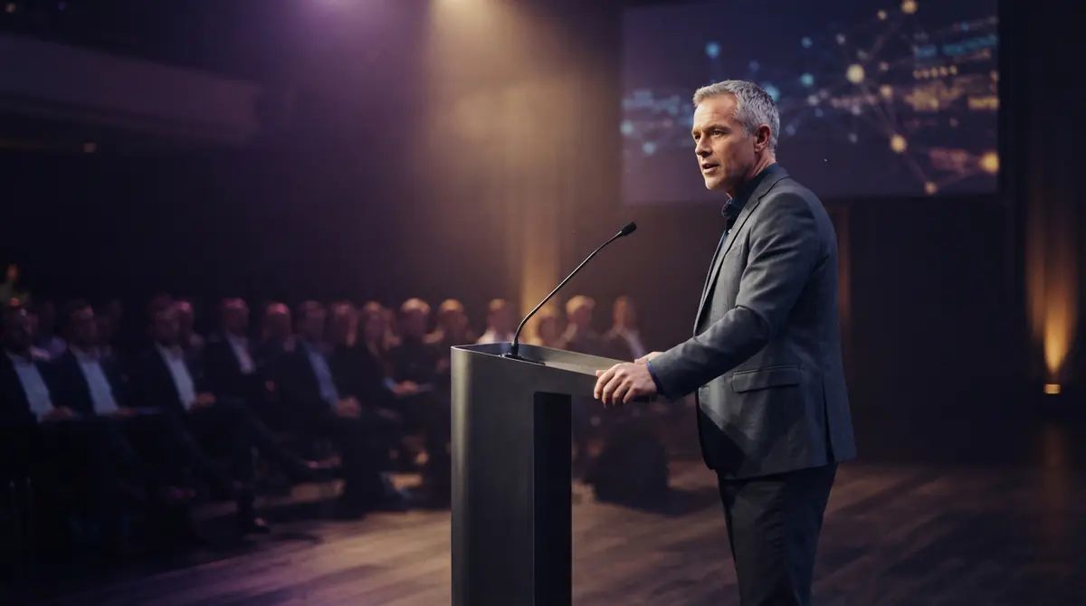 A technology executive delivering an address from a podium at an investor briefing