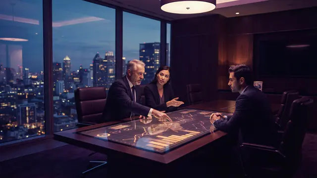 Financial analysts gathered around a digital conference table reviewing downward corporate revenue figures