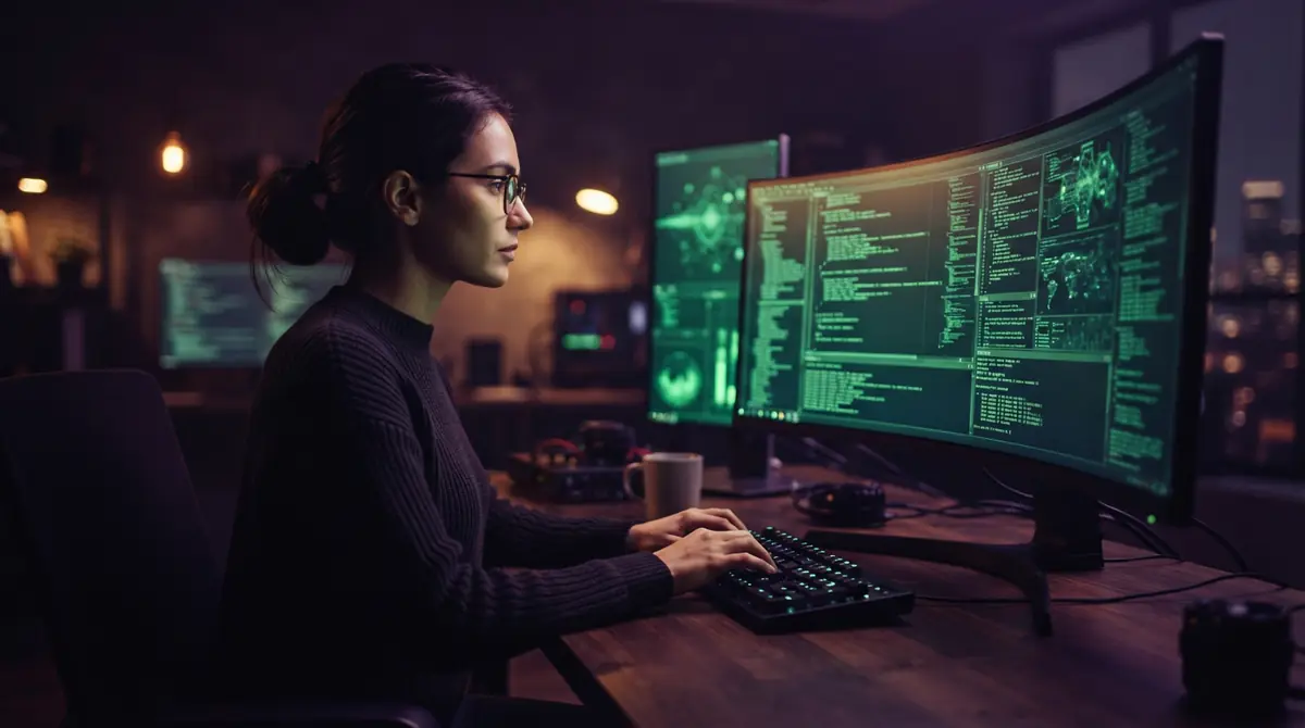 A software engineer working late at a glowing workstation analyzing backend network data.