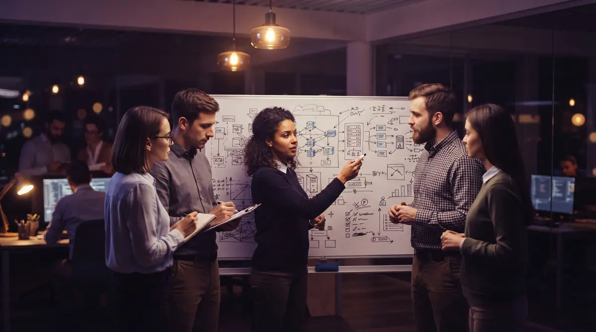Engineers reviewing technical diagrams and operational workflows in a technology office.