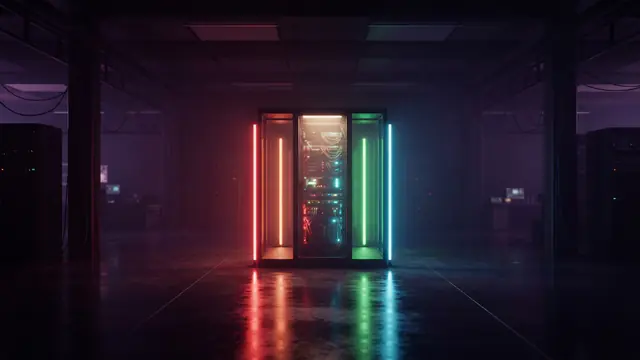 Three vertical luminous beams in red, green, and blue shining inside a darkened server room.