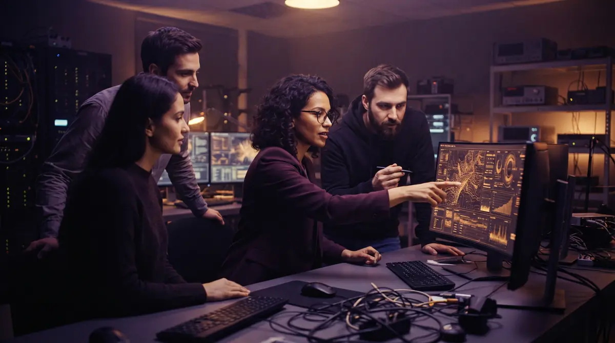 AI researchers reviewing automated agent activity logs in a modern laboratory setting