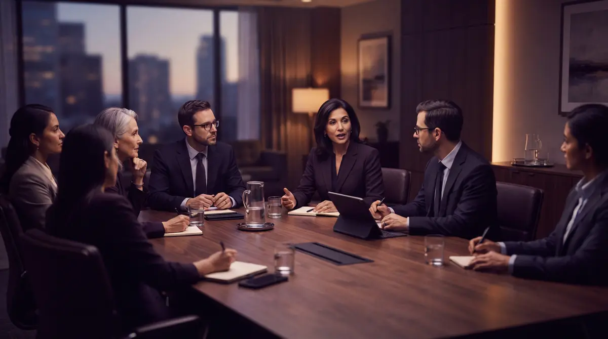 Policy officials in a boardroom discussing regulatory guardrails for advanced technology