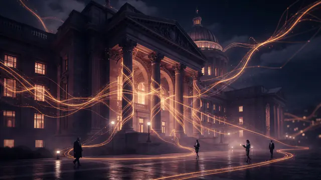 Digital visualization of data network lines surrounding a classical government building exterior