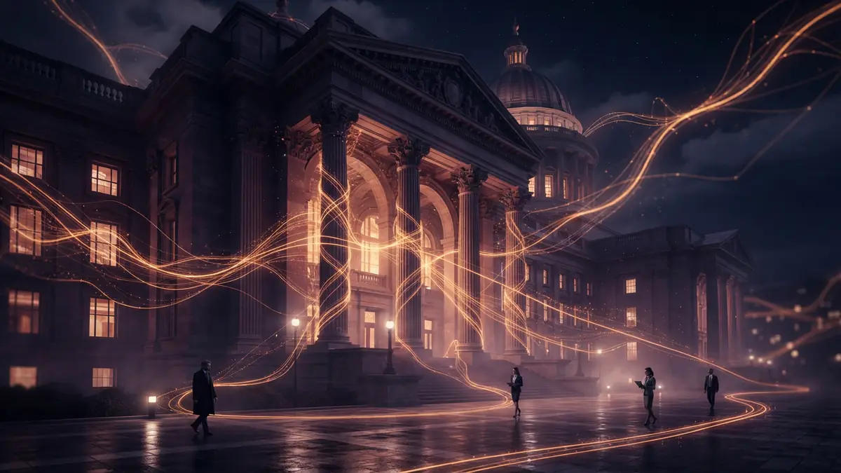 Digital visualization of data network lines surrounding a classical government building exterior