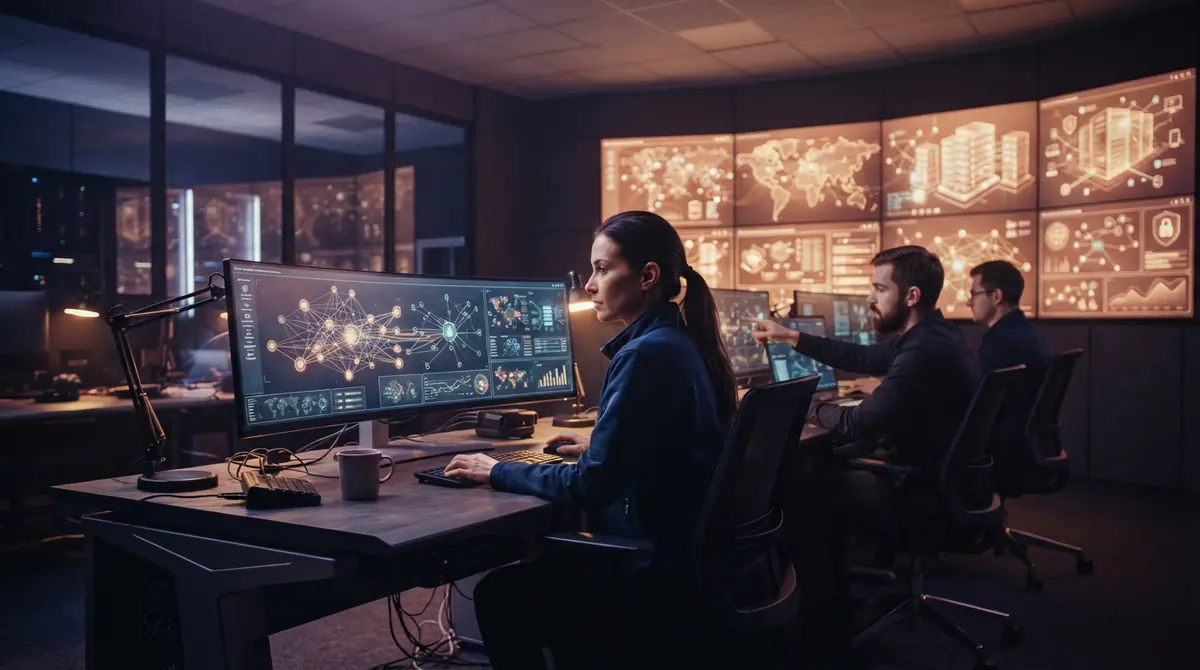 Cybersecurity analysts monitoring network protocols in an operations center.