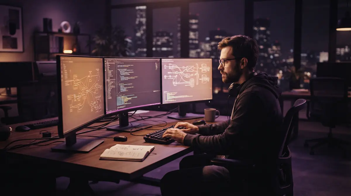 A software engineer configuring cloud API parameters across multiple computer displays.