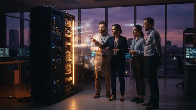 AI researchers evaluating safety metrics inside a data center laboratory.