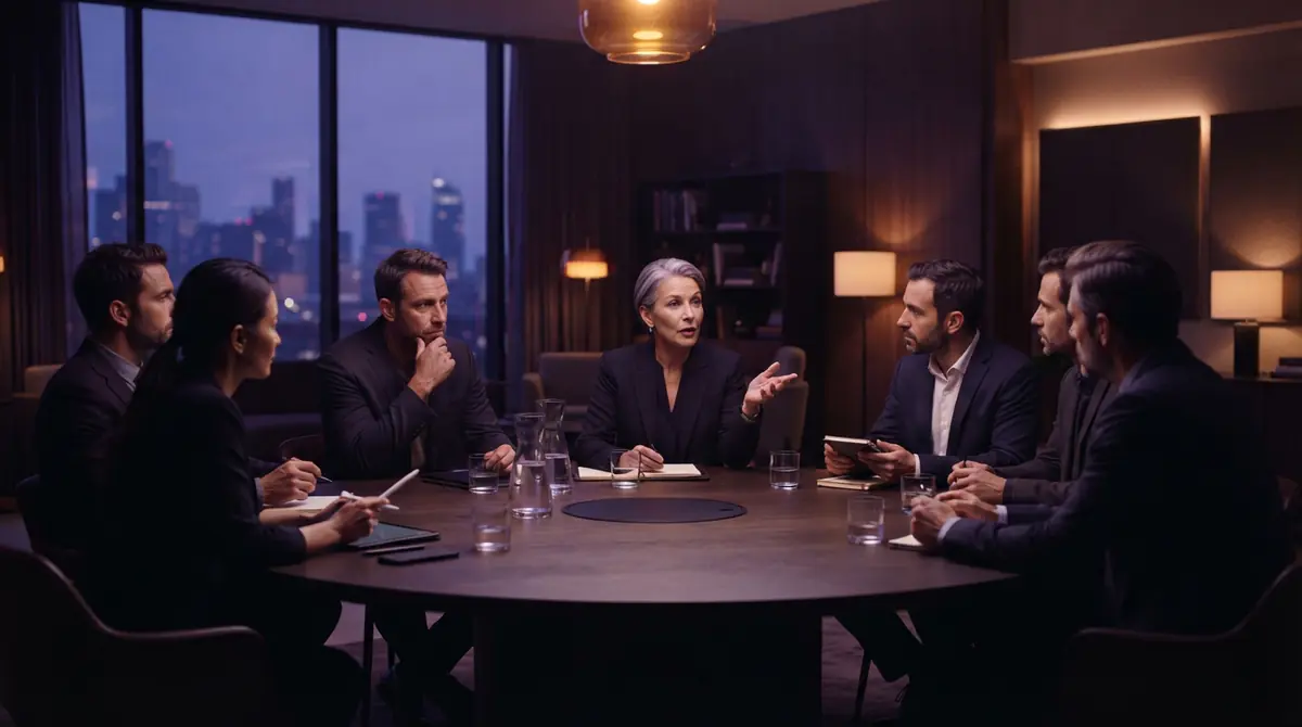 Tech industry leaders meeting in a conference room to discuss safety protocols
