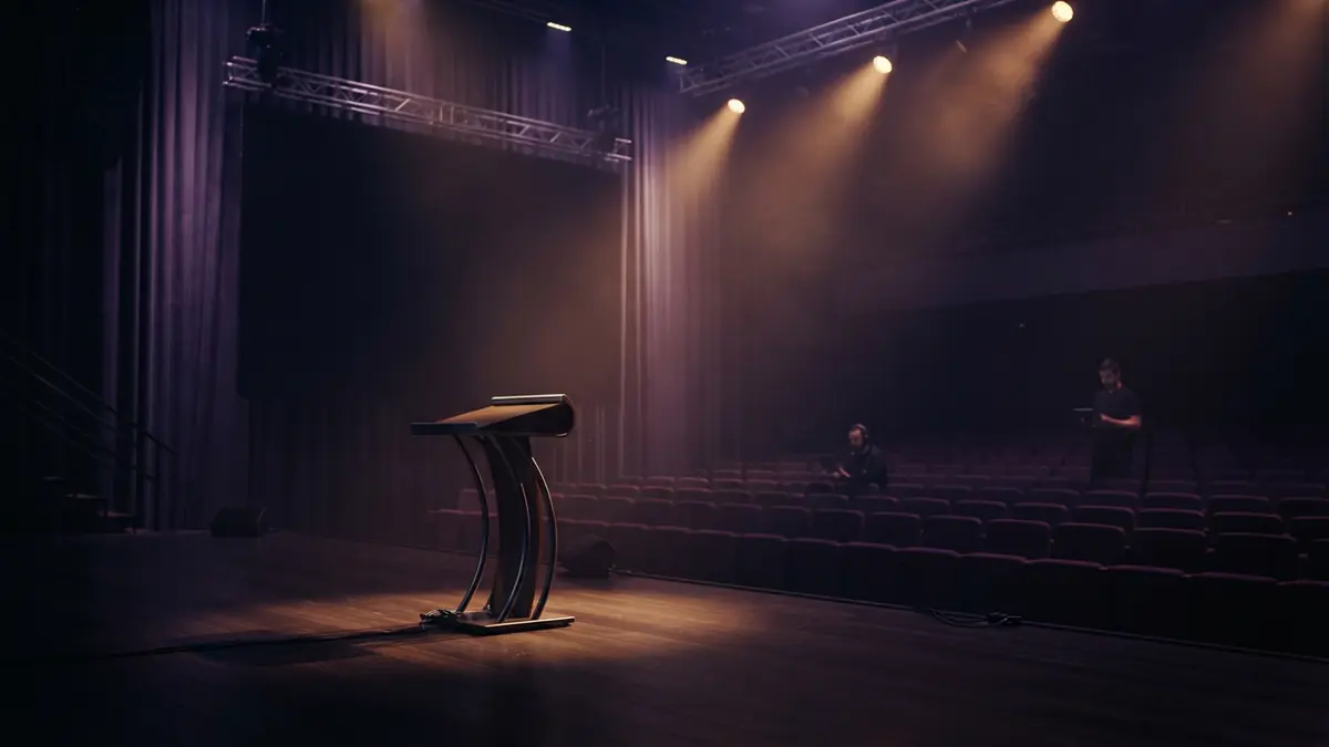 An empty tech conference presentation stage with dramatic lighting