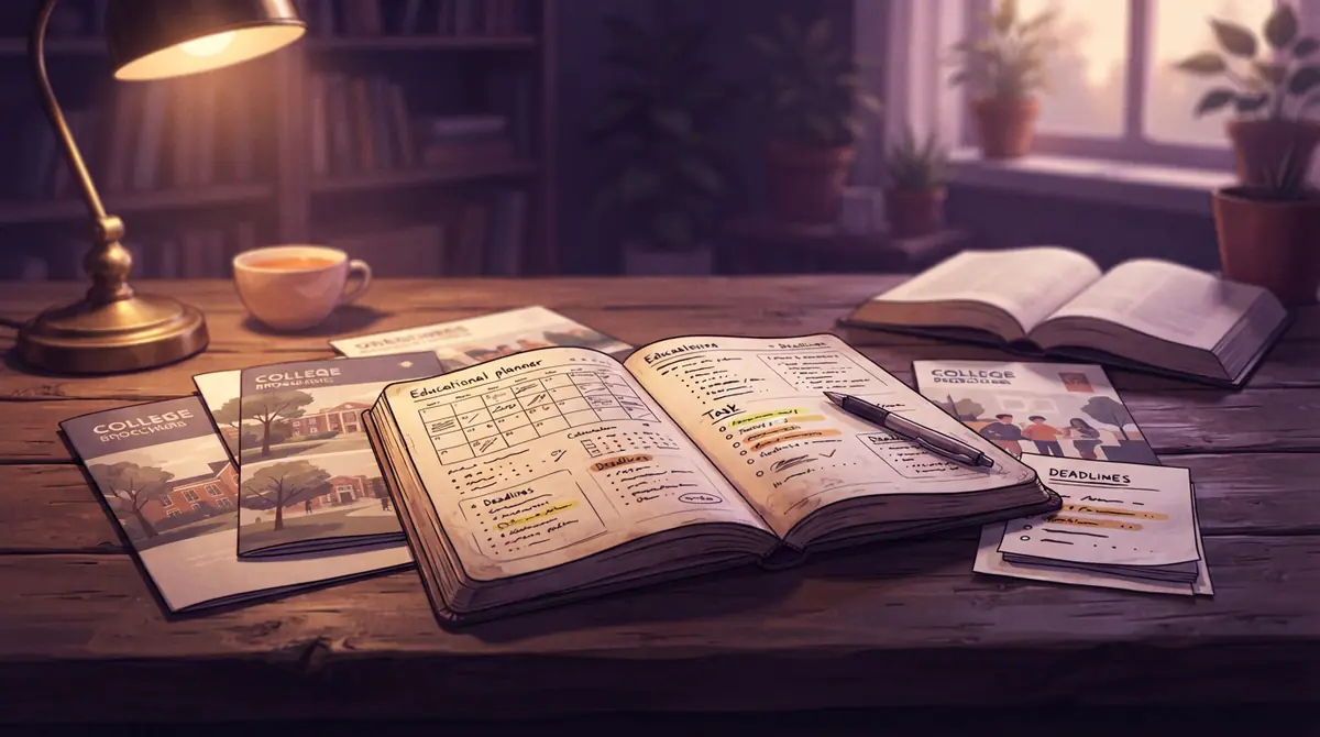 An illustration of a college admissions calendar, checklist tasks, and academic brochures on a table.
