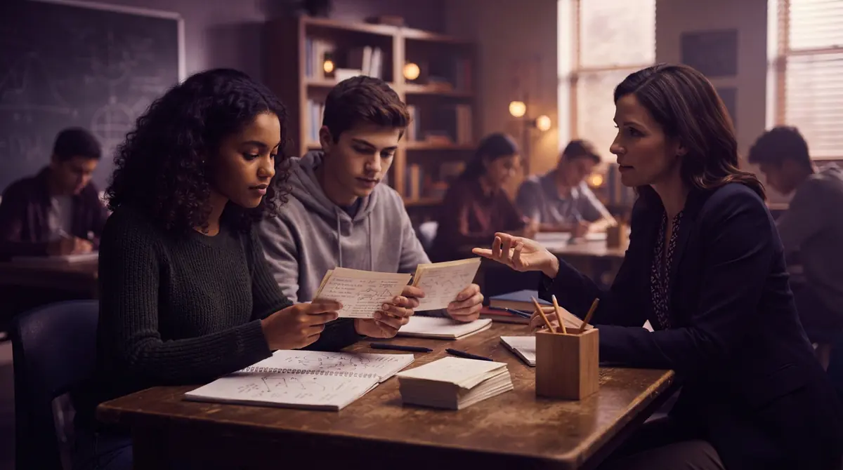 An illustration of students reviewing revision flashcards and class notes in an educational setting.