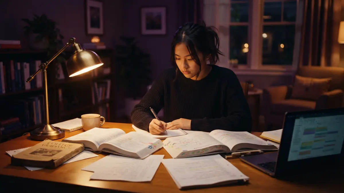 An illustration of a student organizing study guides and college application checklists at a desk.