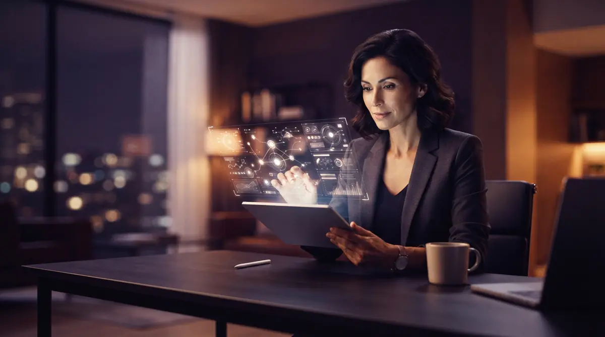 A person interacting with dynamic digital controls and modular widgets on a tablet