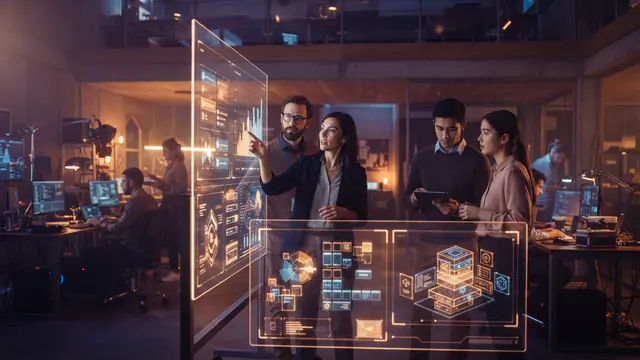 Engineers collaborating in a software studio surrounded by modular interface graphics