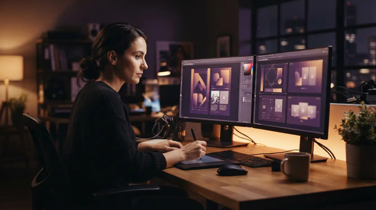 Graphic designer arranging visual product carousels on workstation monitors