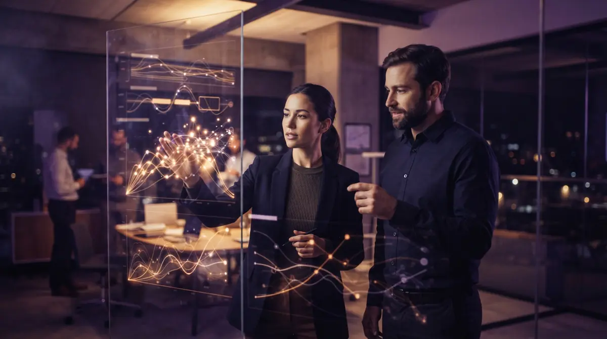 Marketing analysts reviewing digital advertising performance metrics on a glass display