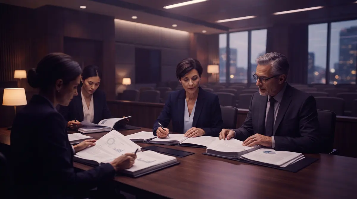 Compliance officers and legal professionals discussing digital platform regulation at a conference table