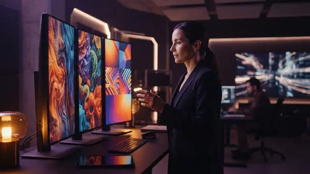 Digital art director reviewing visual brand concepts across multiple illuminated screens in a studio setting