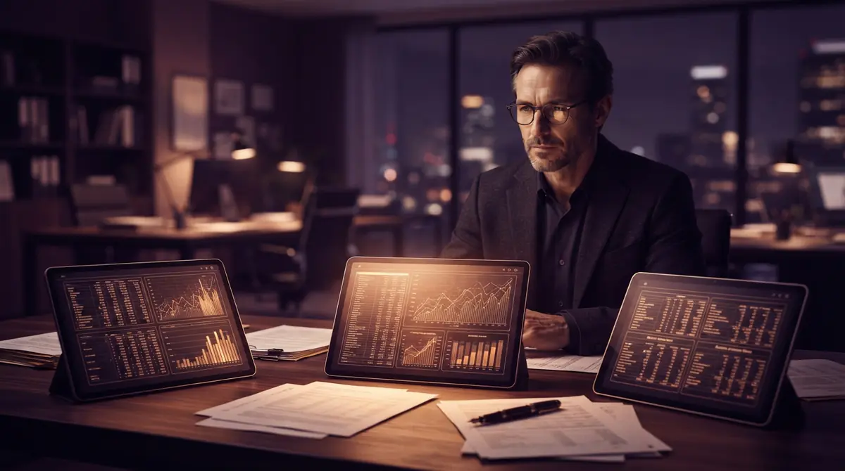 Digital balance sheets and financial contracts glowing on tablets in an office setting