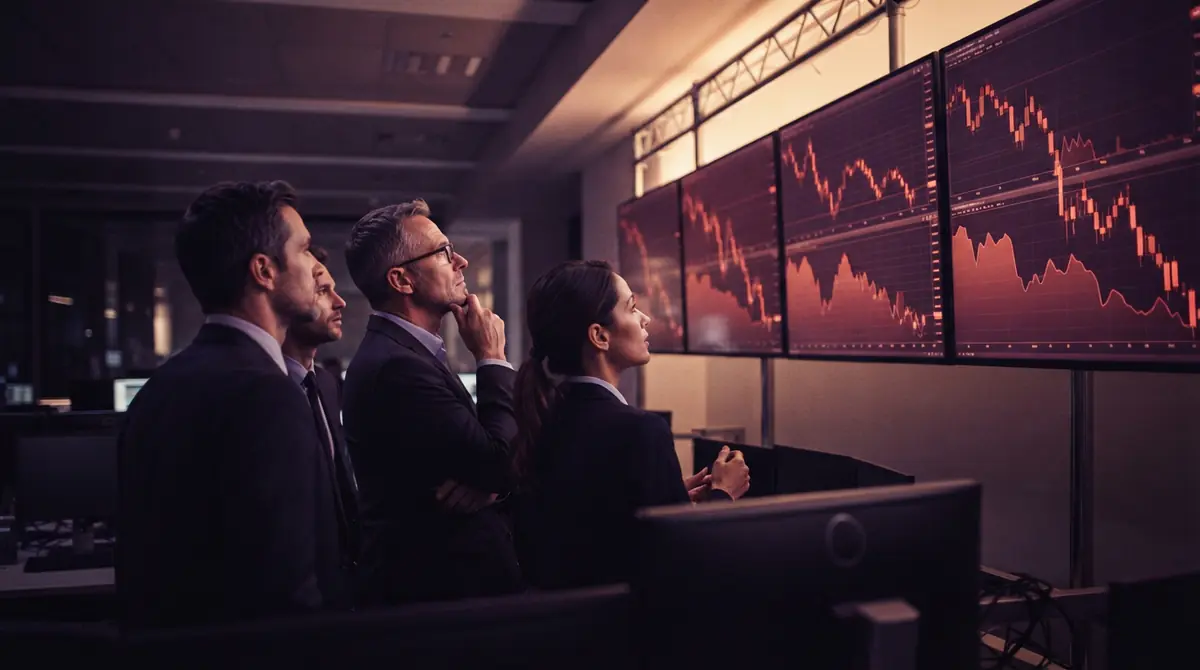 Stock trading floor monitors showing dropping share prices across semiconductor indices