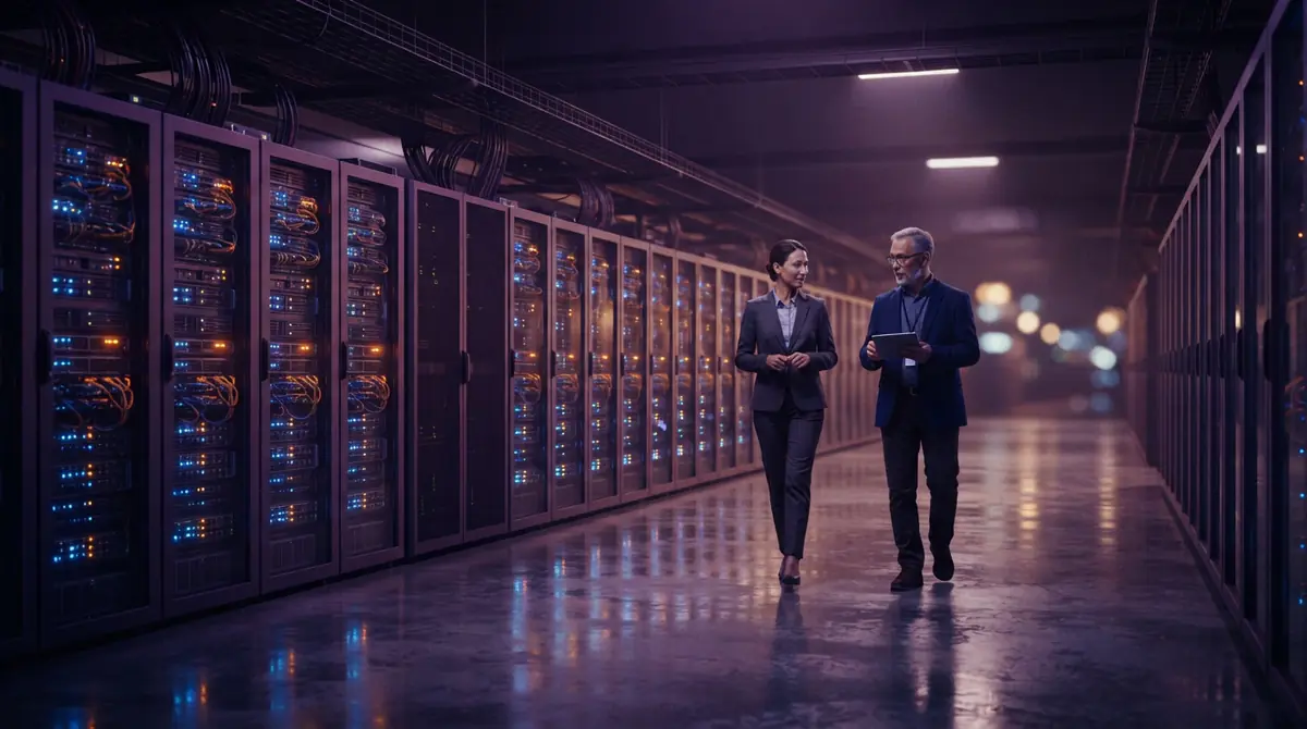 Modern enterprise data center with illuminated compute server racks stretching into the distance