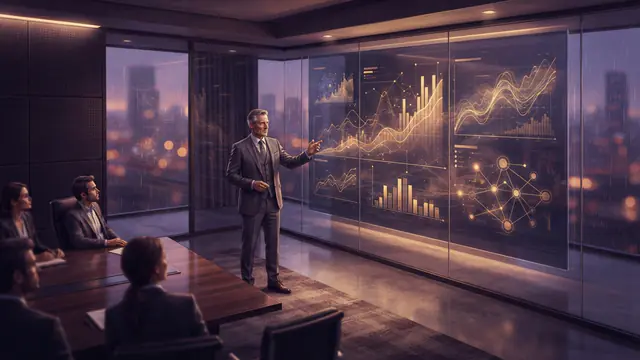 An executive displaying financial charts and metrics on an illuminated screen in a tech boardroom