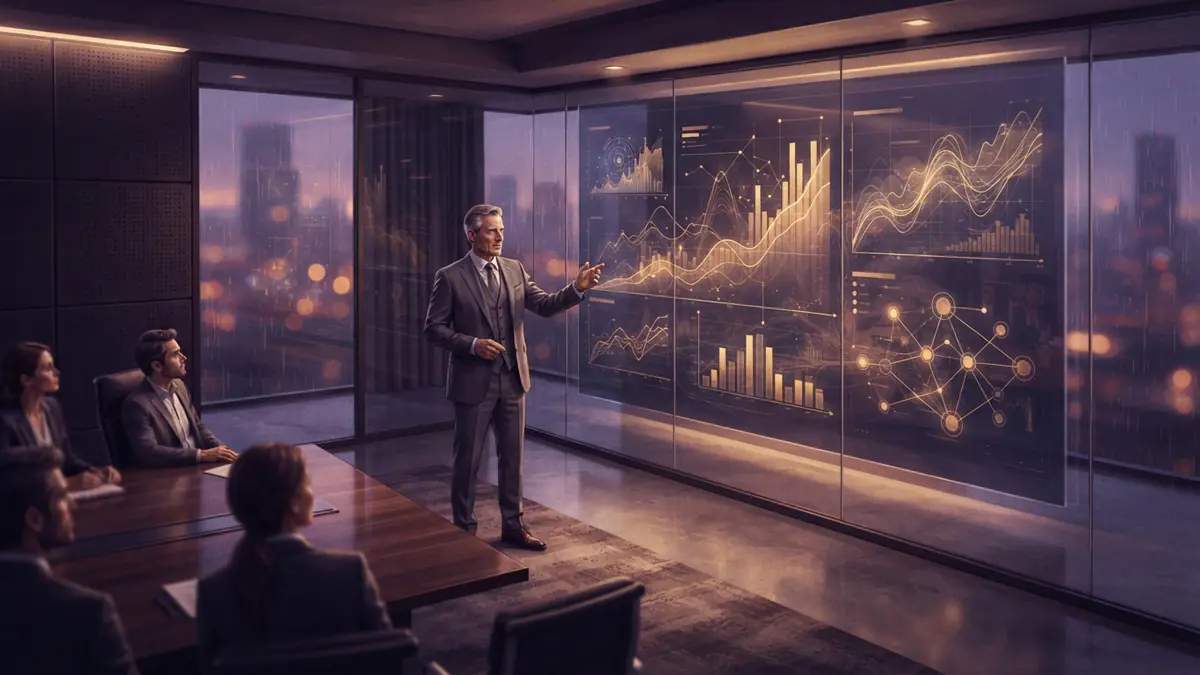 An executive displaying financial charts and metrics on an illuminated screen in a tech boardroom