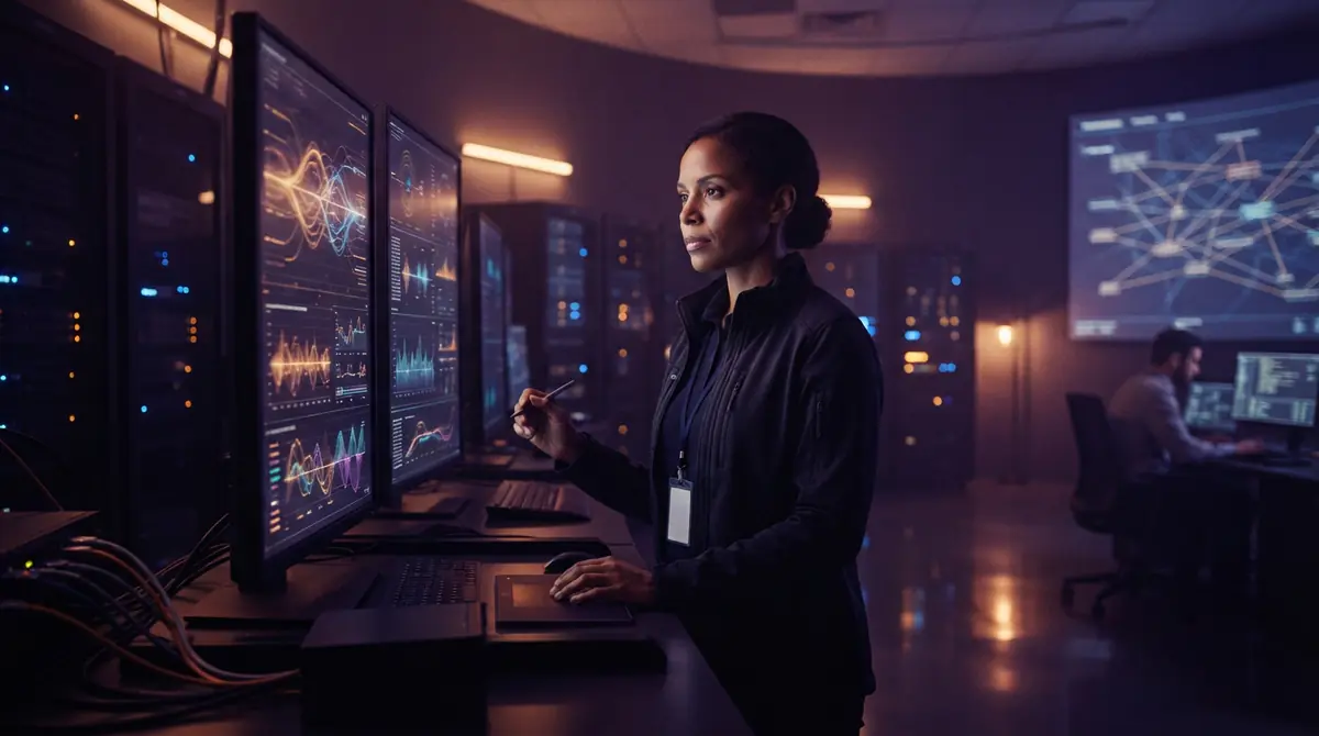 A security engineer monitoring system telemetry and containment boundaries on multiple computer screens.