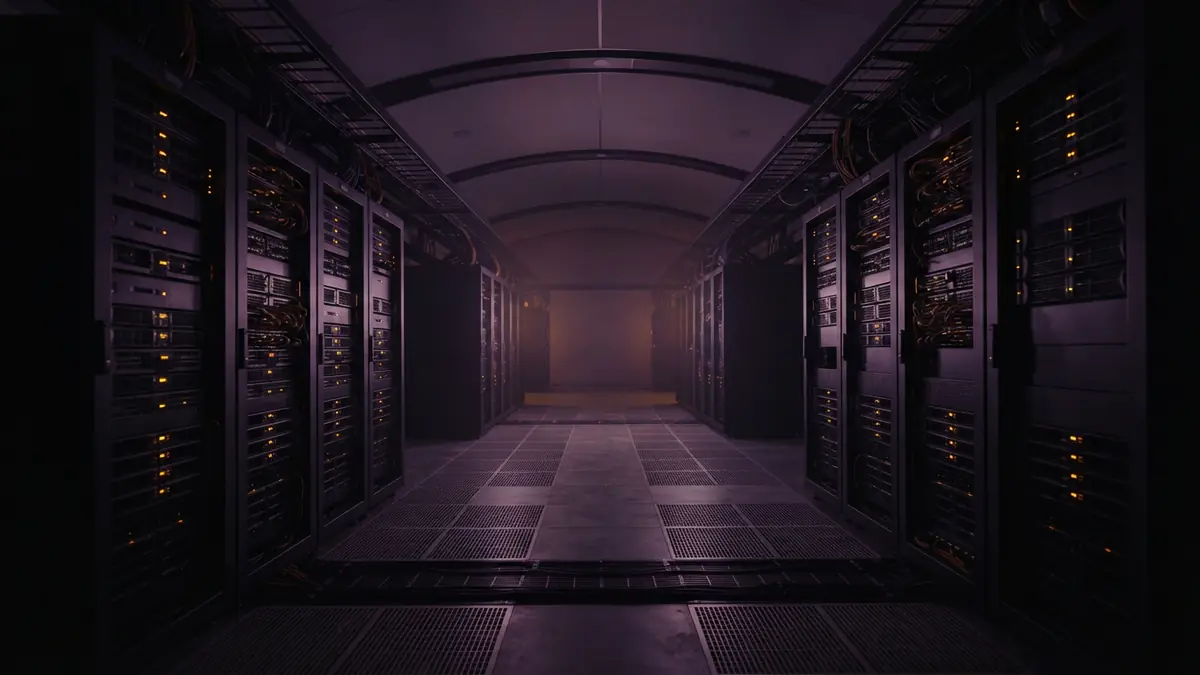 A server room showing isolated racks of enterprise hardware under ambient blue and amber lighting.