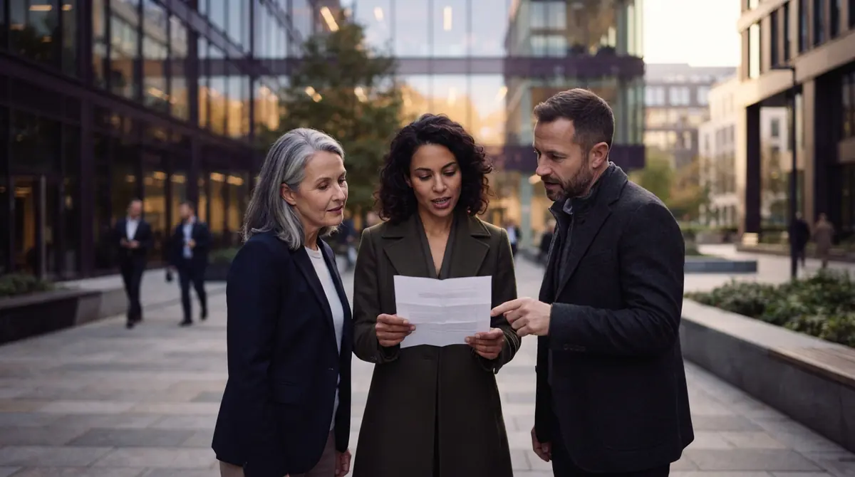 Three tech researchers conferring outside an office building