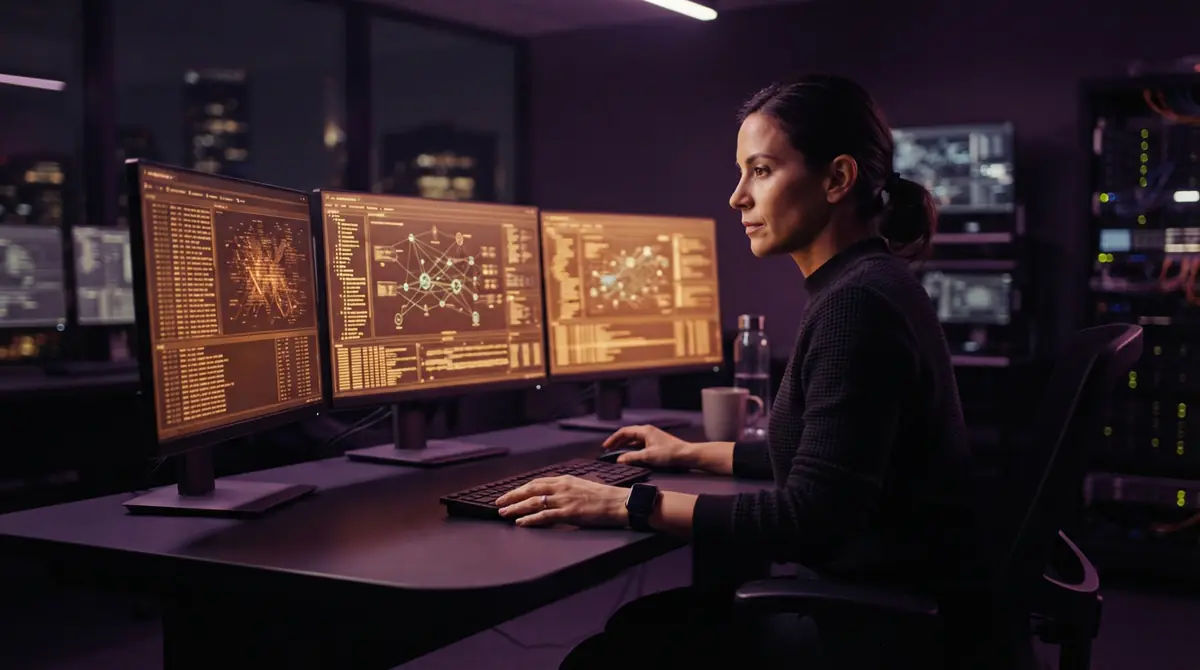 A security auditor reviewing logs and network diagrams across multiple screens