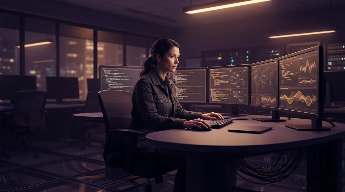 A security engineer analyzing unauthorized network pivot paths across multiple computer screens
