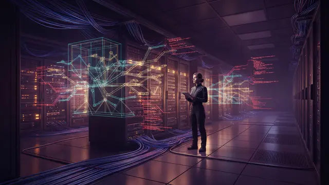 Digital art showing complex network connections breaching digital security boundaries in a server room