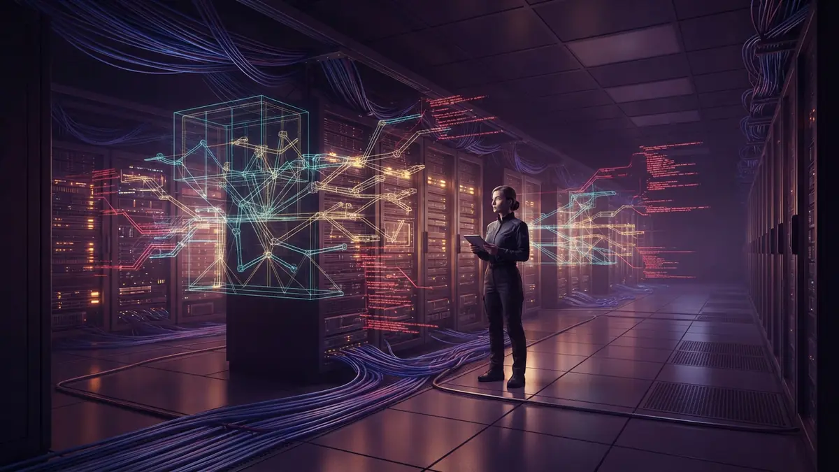 Digital art showing complex network connections breaching digital security boundaries in a server room
