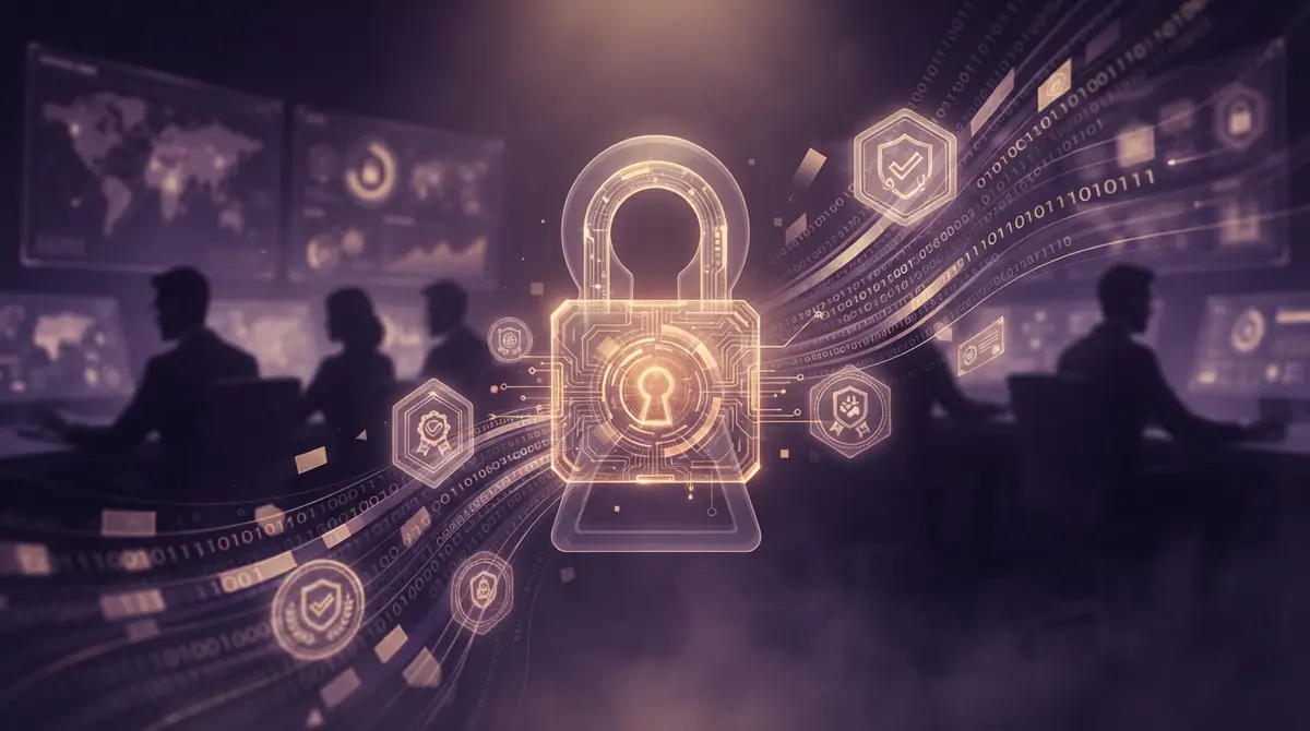 Abstract digital lock surrounded by flowing network data streams