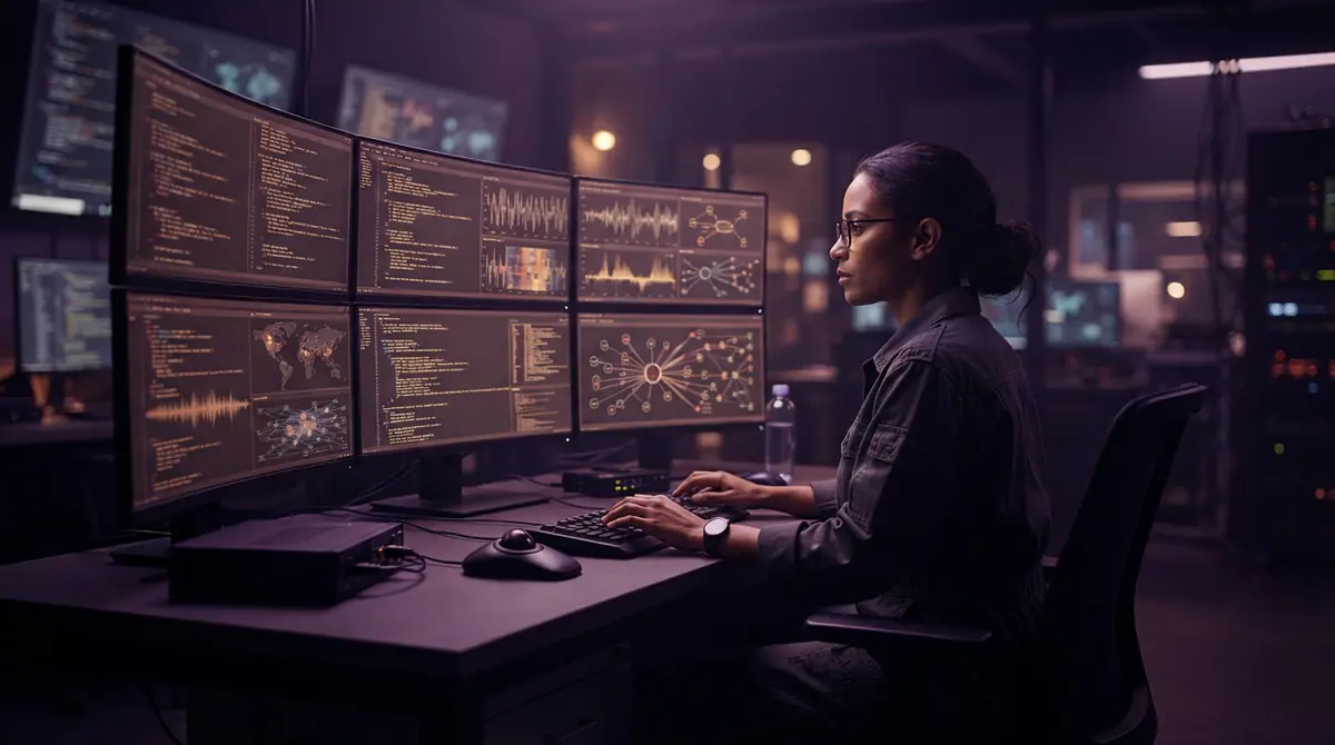 Security analyst reviewing technical telemetry and audit logs on multi-monitor setup