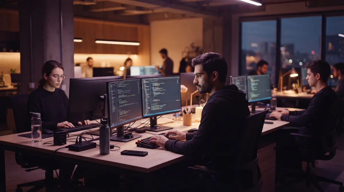 Illustration of software engineers programming at computer workstations