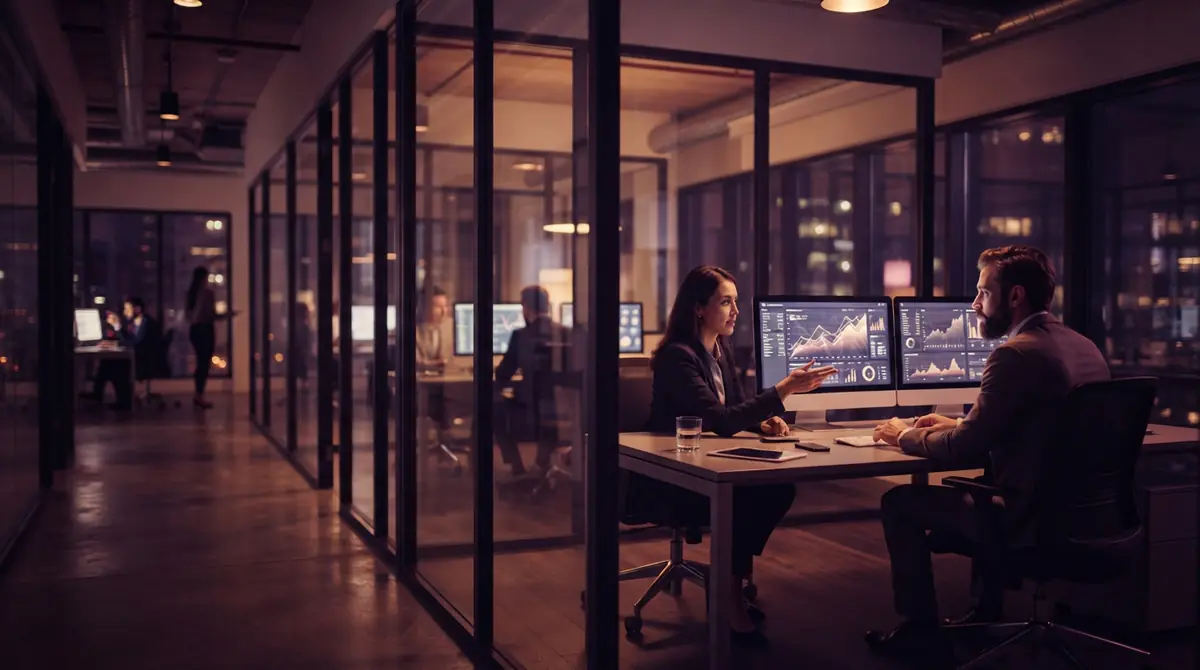 Illustration of bank employees working in a financial institution setting