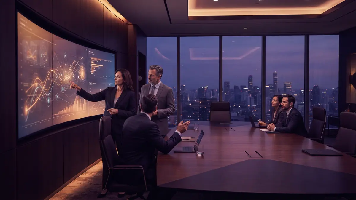 Illustration of business executives reviewing enterprise AI software costs and contracts in a boardroom setting