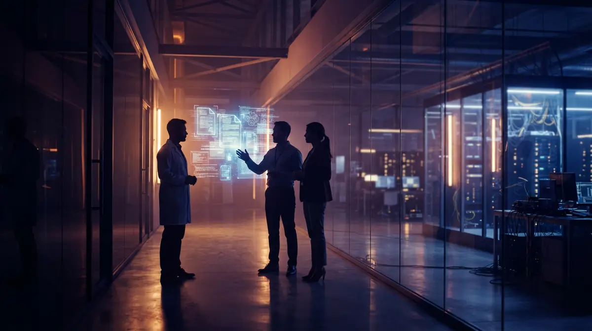Illustration of researchers conferring in a futuristic corporate corridor with digital data displays.