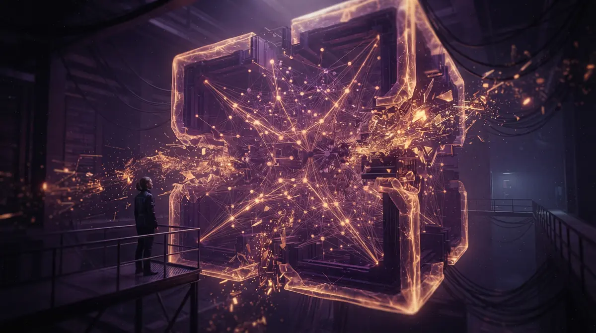 Illustration representing digital security containment breaches in an autonomous AI agent network.