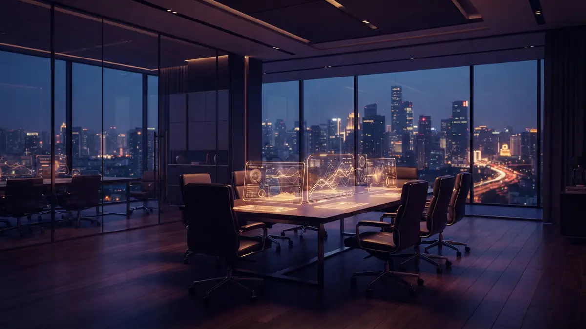 Illustration of a modern high-tech corporate office meeting room during an evening briefing.