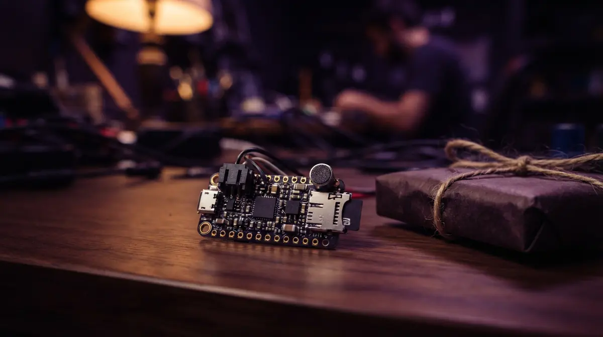Illustration of a thumb-sized micro development board equipped with an audio sensor and memory storage