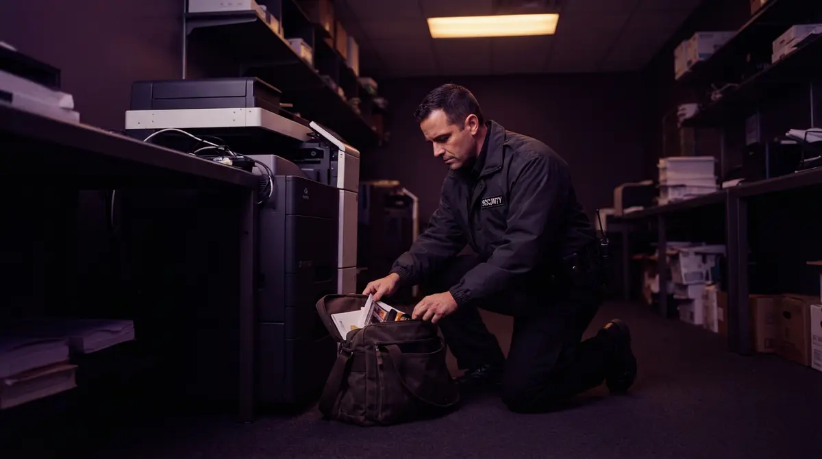 Illustration of a security investigator examining an unattended bag inside an office room