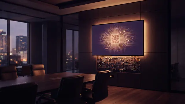 Illustration showing a modern conference room with a hidden miniature surveillance module behind a wall screen