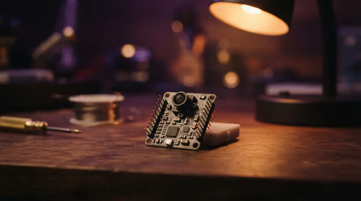 Illustration of a compact electronic development board on a wooden desk
